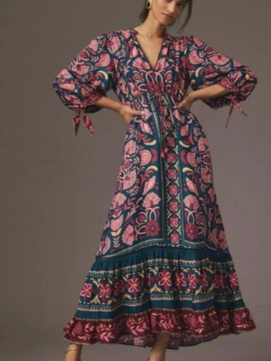 FARM Rio Dresses & Skirts - NWT Farm Rio Medium Seashell Floral Teal Boho Flowy Tapestry Maxi Light Dress